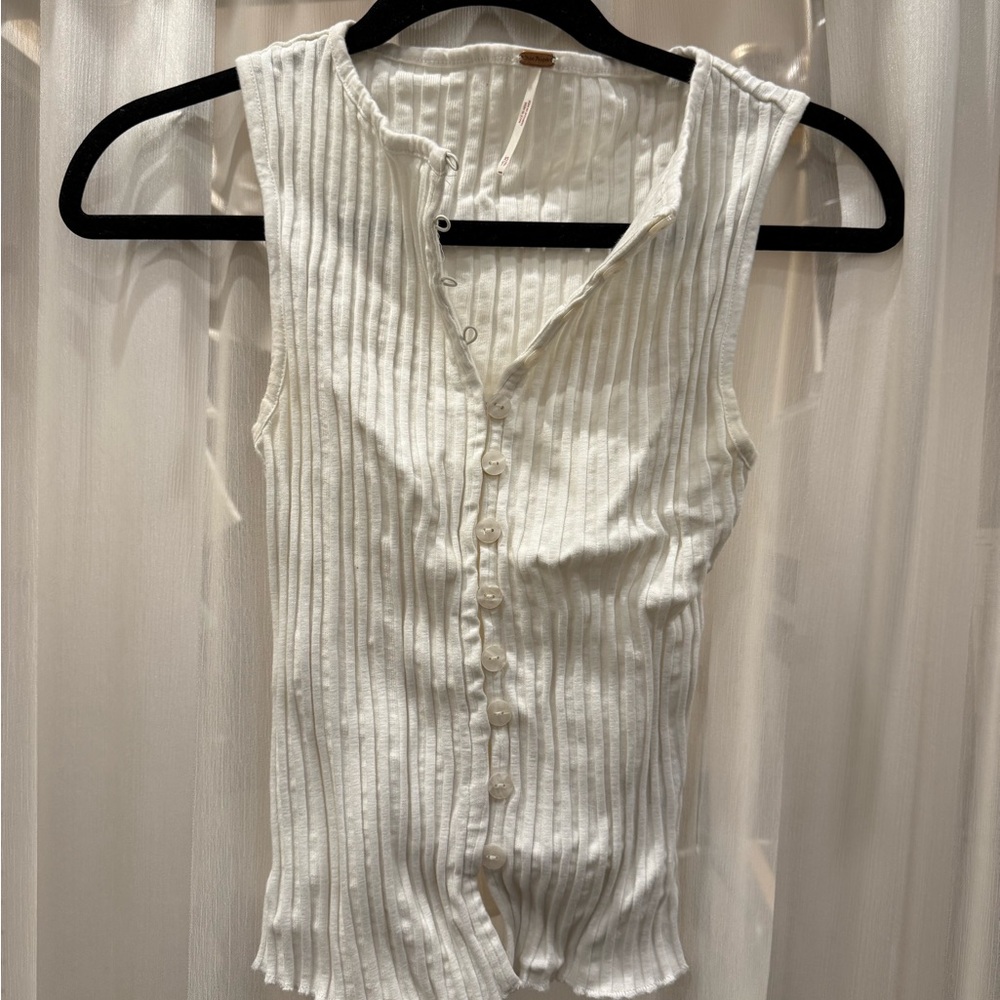 Free People Ivory Ribbed Button-Up Tank Top